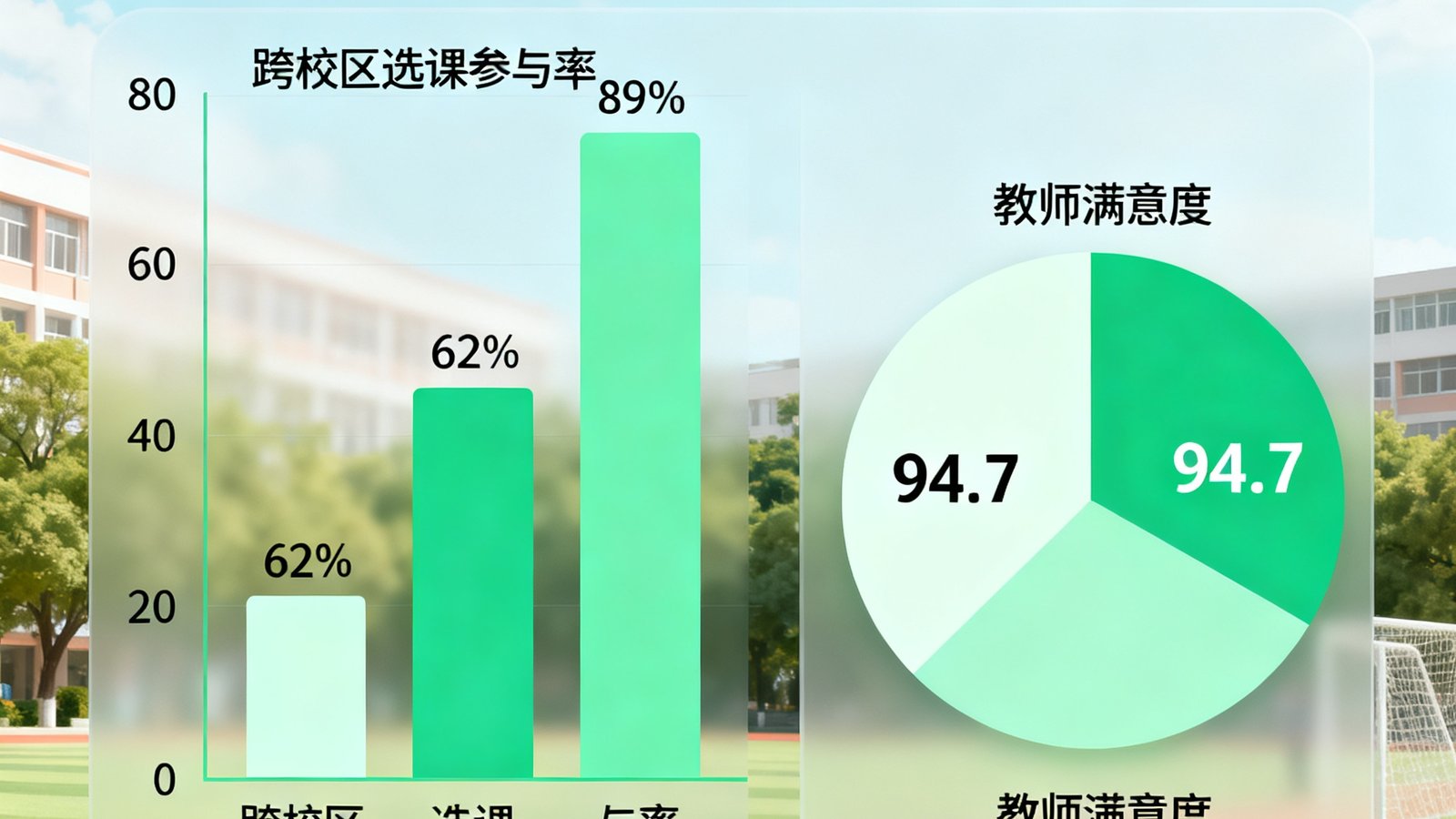 智慧校园数据报告图表：左侧柱状图展示跨校区选课参与率从62%升至89%，右侧饼图显示教师满意度94.7%，图表色彩清新，数据标注清晰。
